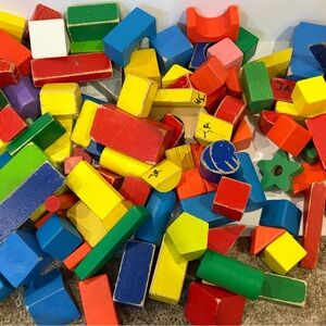 142 count of Vintage Wooden Building Blocks Set Multicolor